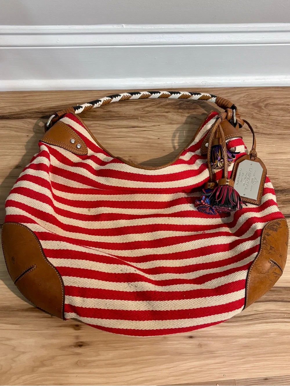 Lauren Ralph Lauren Red and Cream Striped Canvas Hobo with Brown Leather Trim